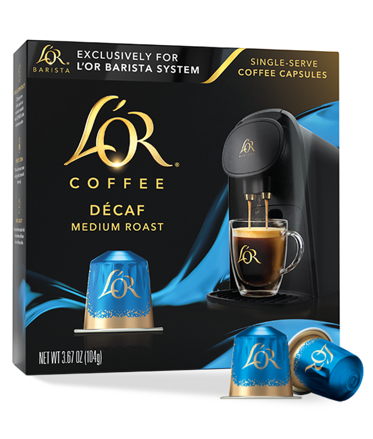 LöR Coffee Decaf packaging with coffee machine and cup on a white background